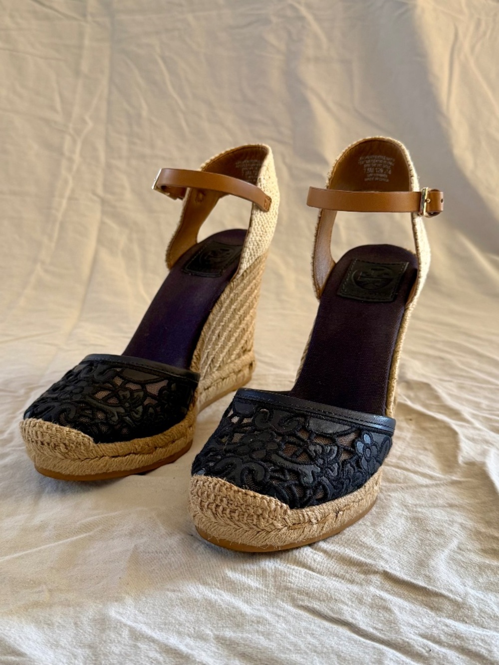 Tory Burch Lucia Black Lace Espadrille Wedge Sandals Size 7.5